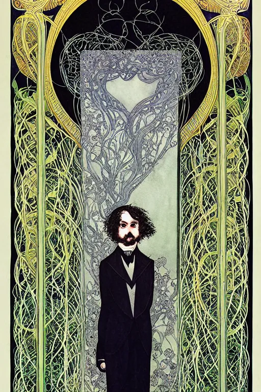 Image similar to symmetrical portrait of edgar allen poe in the center of an ornate floral frame, art by kay nielsen and walter crane, illustration style, watercolor