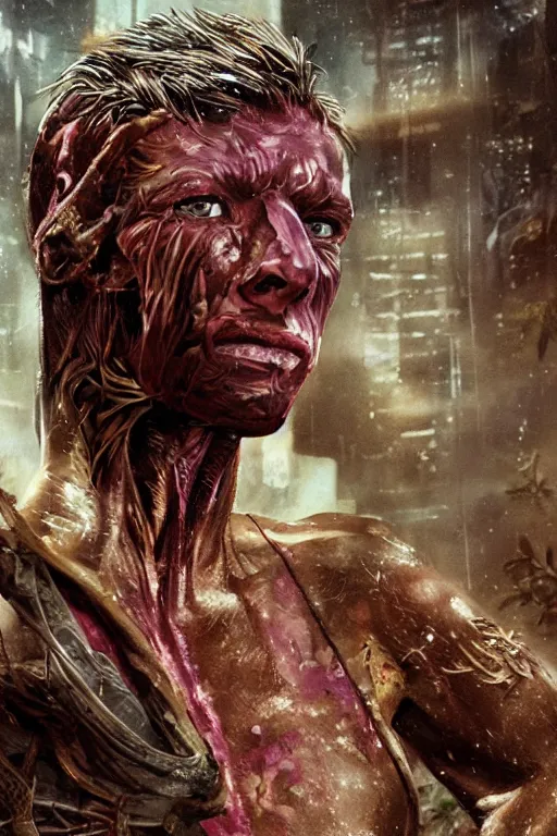 Image similar to A highly detailed rendered, close portrait of a mutant ringer, half human, in purple spandex suit, with scars on his face, high tech equipement attached to the body, in a tropical and dystopic city, in front of a garage, dried palmtrees, thick dust and red tones, bladerunner, cyberpunk, lost city, hyper-realistic environment, Epic concept art. Warhammer 40k