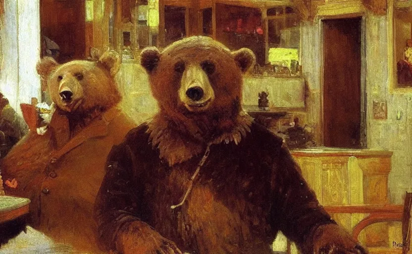 Image similar to high quality high detail painting by ilya repin, friendly bear sitting behind the counter of coffeeshop, hd