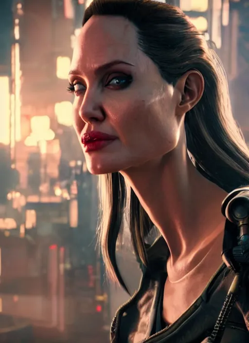 Prompt: film still of Angelina Jolie as Alt Cunningham in Cyberpunk 2077, gameplay, 8k, HD