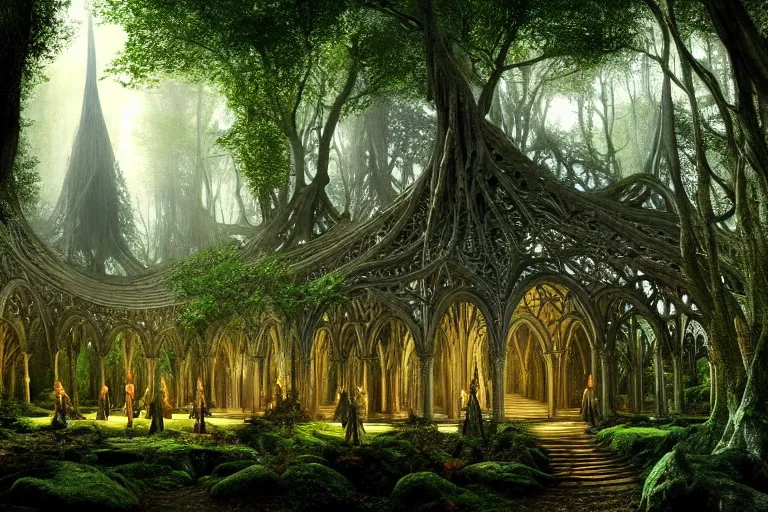 Image similar to a beautiful and highly detailed digital painting of an elven cathedral in a mystical forest, lothlorien, rivendell, mirkwood, celtic designs, intricate details, epic scale, hyperdetailed, hyperrealism,, artstation, cgsociety, 8 k, sharp focus, by caspar friedrich, james gurney, zeen chin, brian froud,