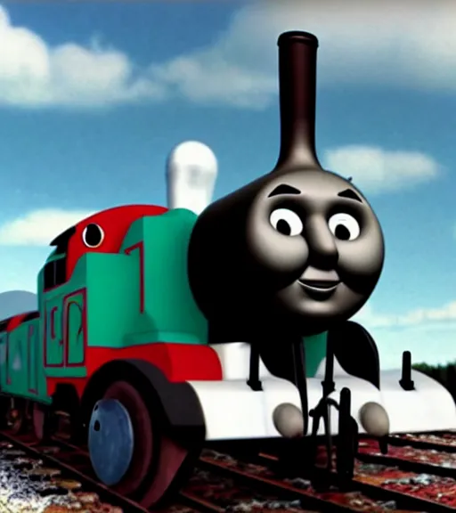 Prompt: thomas the train as a thermonuclear bomb, war footage