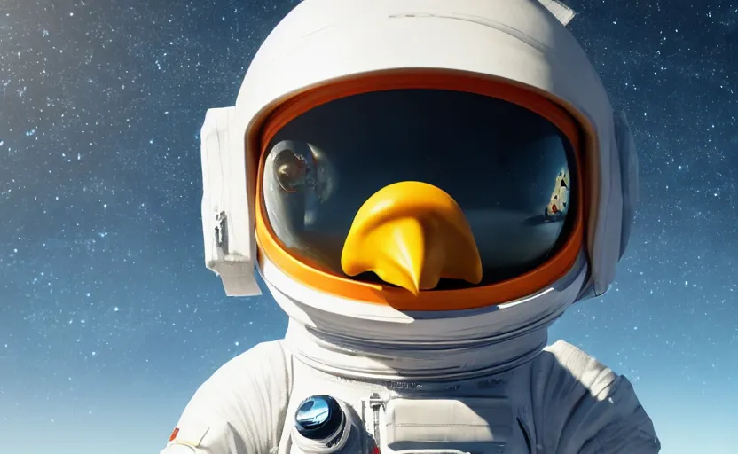 Image similar to a chicken wearing a astronaut suit in a alien planet, profile picture, digital art, concept art, trending on DeviantArt, highly detailed, high quality, 4K, cartoon, high coherence, path traced, blue sky in the background, octane render, digital painting, no helmet, masterpiece