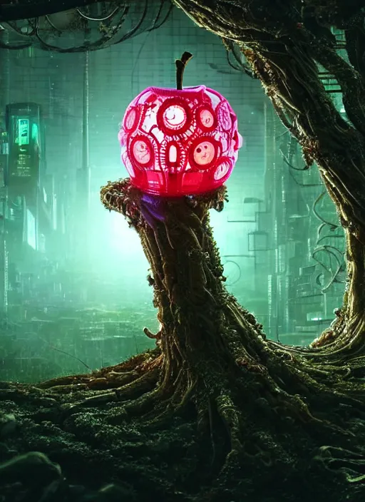 Prompt: intricate mechanical translucent apple with visible gears and components inside, growing off a tree, on the background of a weird magical mechanical forest. Very detailed 8k. Fantasy cyberpunk horror. Sharp. Cinematic post-processing