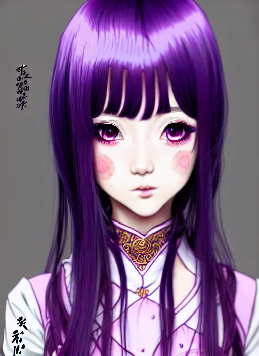 Image similar to full body illustration of an ulzzang korean girl purple hair with hime cut bangs, head slightly tilted, wearing an ornate cheongsam, ilya kuvshinov, anime, pixiv top monthly, trending on artstation, cinematic, danbooru, zerochan art, kyoto animation