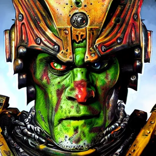 Prompt: Jim Carrey as chaos marine, face visible. epic game portrait. Highly detailed. Warhammer 40k art by Michelangelo