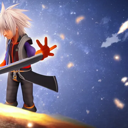 Image similar to Riku from Kingdom hearts floating in the air with one black wing, hd, intricate, Highly detailed, video game, 8k, digital art