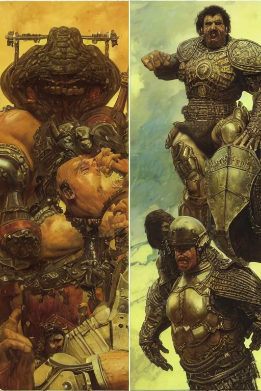 Image similar to upper body and head portrait of hulking armoured warrior kingpin by lawrence alma tadema and zdzislaw beksinski and norman rockwell and jack kirby and tom lovell and greg staples