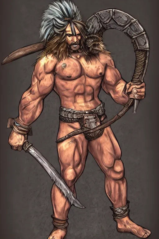 Prompt: full body shot of a muscular barbarian with a mohawk, fantasy art