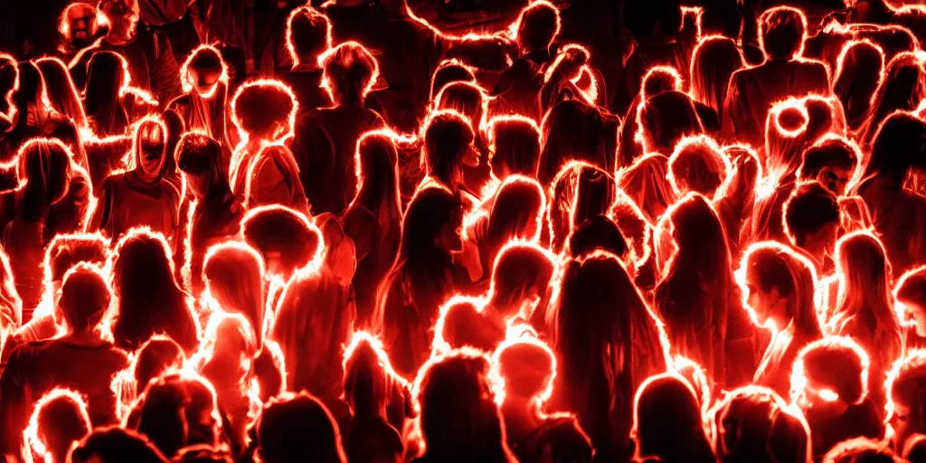 Image similar to love, overlays of groups of people with glowing bodies, from behind, rebirth, wide angle, cinematic atmosphere, elaborate, highly detailed, vivid colors, dramatic lighting