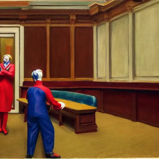 Image similar to a highly detailed fine art painting of british member of parliament in the house of commons wearing clown costumes. in the style of edward hopper, richard hamilton.