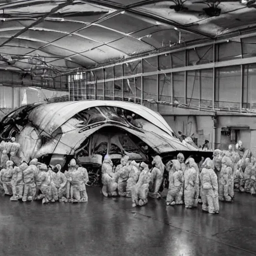 Image similar to dismantled, crashed, ufo spaceship in hanger with people in hazmat suits standing around, grainy, vintage photo, sepia, old photo, realistic, detailed,