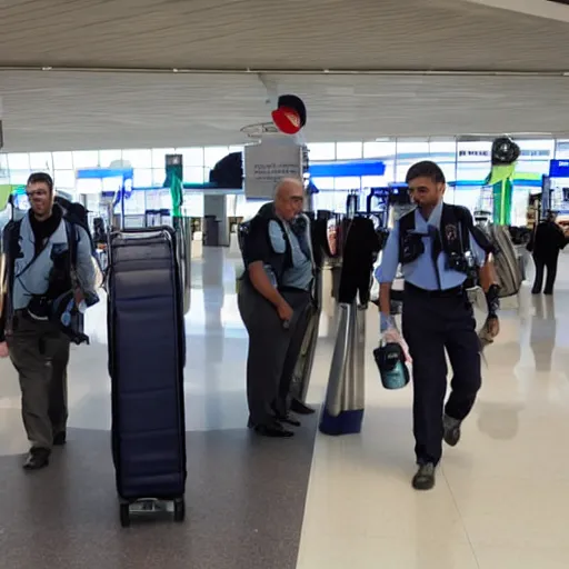 Prompt: Airport security guards stuffing large bottles of water and shampoo into their backpacks, laughing and laughing