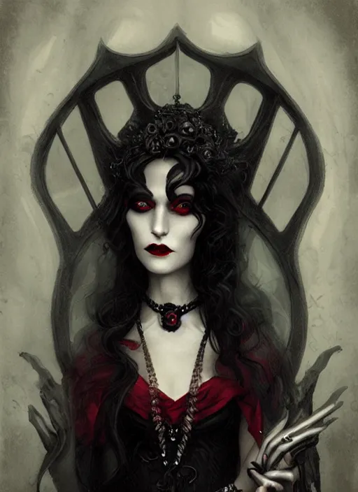 Prompt: friendly regal vampiric woman portrait by james jean, manuel sanjulian, tom bagshaw