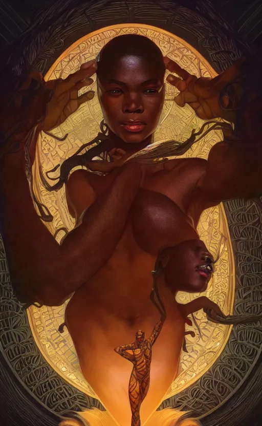 Image similar to ! dream the god anansi, african mythology, intricate, upper body, highly detailed, digital painting, artstation, concept art, sharp focus, cinematic lighting, illustration, art by artgerm and greg rutkowski, alphonse mucha, cgsociety