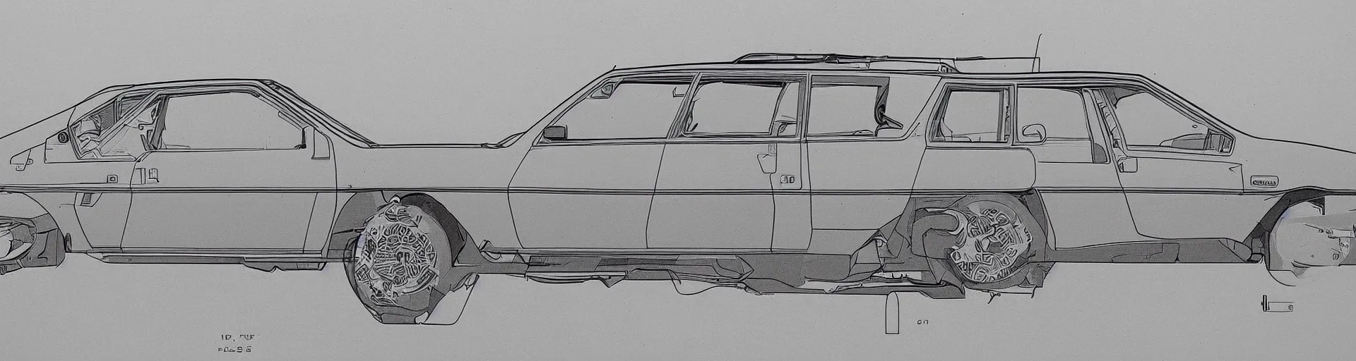 Prompt: sideview blueprint schematics of a citroen bx from 1988, very detailed, engineering drawing