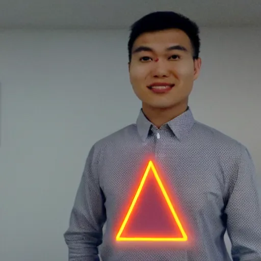 Prompt: a 2 6 year old asian daytrader named jay standing proudly in front of triangular nanoleaf led lights on his wall