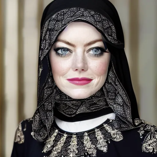 Prompt: A portrait of Emma Stone wearing Black Arabian Abaya, high quality, fully detailed, 4k, volumetric lightening