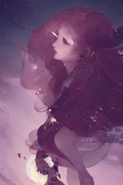 Image similar to A beautiful whimsical woman basking in the moonlight on a bed of crystals below planets, cinematic lighting, dramatic atmosphere, by Dustin Nguyen, Akihiko Yoshida, Greg Tocchini, Greg Rutkowski, Cliff Chiang, 4k resolution, trending on artstation