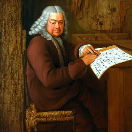 Image similar to highly detailed painting of bach writing a piece of music on a sheet of paper, he is inside of a wooden shack, 4 k resolution, by jaquis luis david, visible paint layers, renaissance.