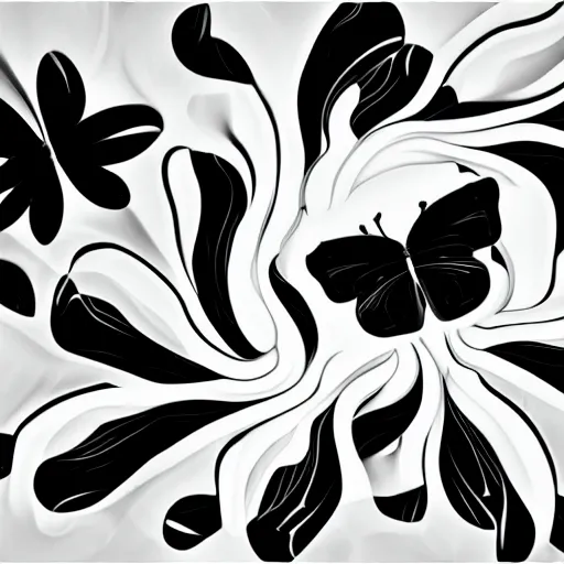 Prompt: mechanical silhouette made of magnolia, white flowers, black butterflies, dynamic sinuous fluidity, double exposure, smoke art, ultradetailed, white neon