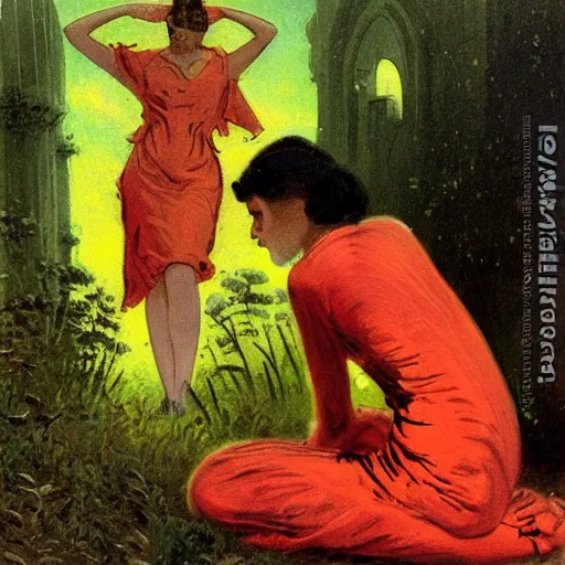 Prompt: dayglo yellow, fantastic planet loose, blocks by alfred augustus glendening. this illustration was painted in 1 9 3 7 during the guerra civil espanola. the woman in the illustration is weeping. she is wearing a black dress & a black veil. her face is distorted by grief. the illustration is dark & somber.