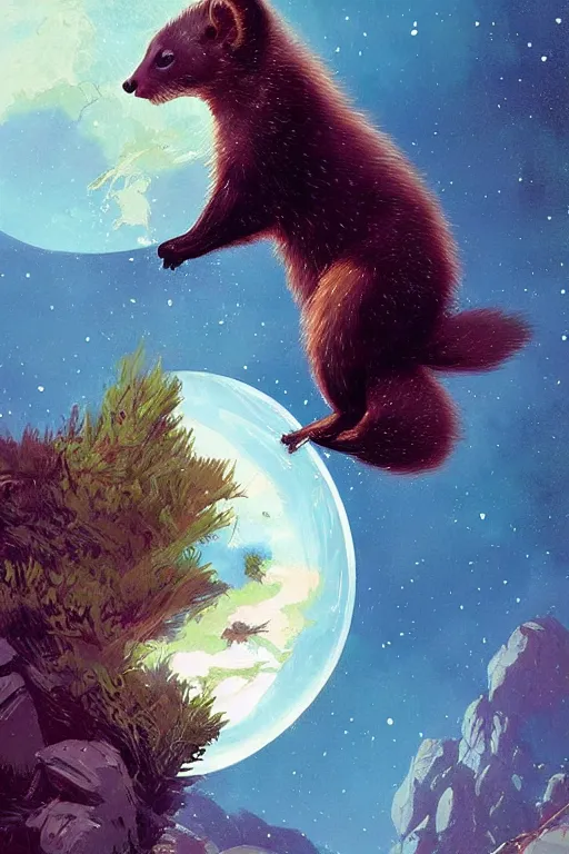 Image similar to giant pine marten in space holding a planet, digital art, trending on artstation, highly detailed, by Greg Rutkowski, by Conrad Roset, by Dan Mumford