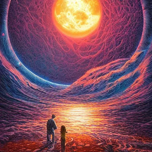 Prompt: highly detailed, intricate beautifully stunning picture of a cosmic exhibition in the middle of a keyhole portal overlooking the ocean, stunning atmosphere, huge prismatic glowing moon, matte painting by Dan Mumford, Dan Witz and Dan Seagrave