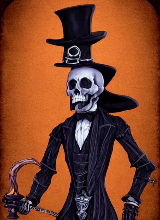 Image similar to DND character art, skeletal male figure, wearing a deep black suit!!! and tie and top hat, holding a gold! cane!. blue!!! flames!!