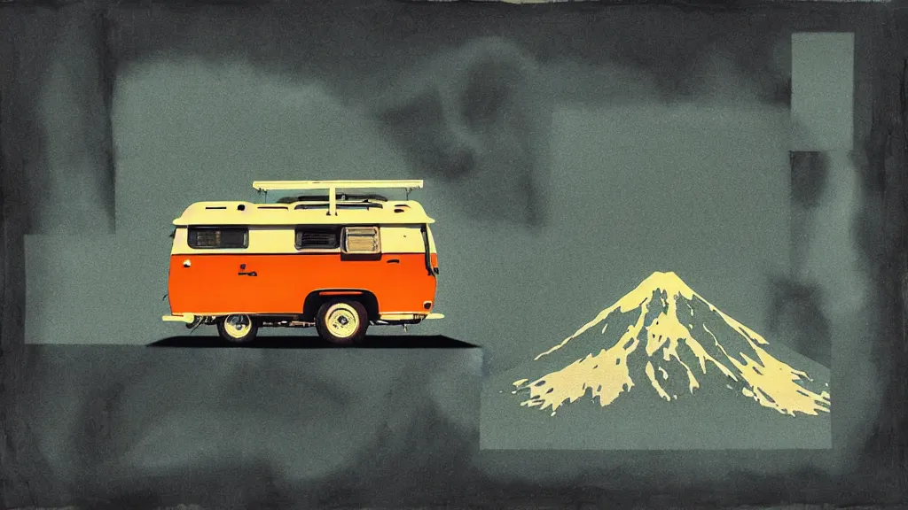 Image similar to japan various natural splendor and rural camper touring, a representational non - abstract collage painting, in the style of wes anderson, lola dupre, david hockney, isolated on negative space background dark monochrome neon spraypaint accents volumetric octane render