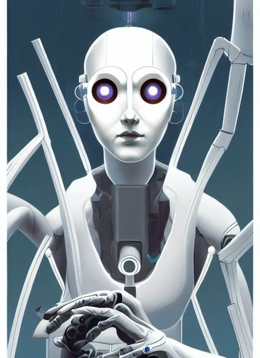 Image similar to poster artwork by Michael Whelan and Tomer Hanuka, of GLADOS from the game Portal 2, from Valve, Aperture Science, clean