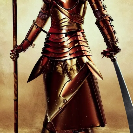 Image similar to a tall, red - haired female knight wearing golden armor with a long left arm golden prothesis, she wields a long golden blade