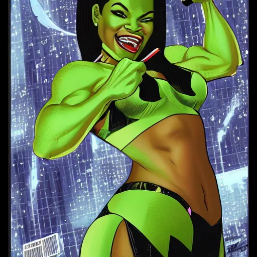 Image similar to Actress Gabrielle Union as She-Hulk, intricate, poster framed, pinup style, highly detailed, artstation, illustration, Gene Espy, Peter Temple, George Sportelli, Mitch Foust, Mike Hoffman, Garrett Blair, Mark Brown, Alex Miranda, Michael Bair, Eric Parker, Gene Espy, Mitch Foust, Peter Temple, Eric Parker, David Miller, Alex Miranda, Jay Fife, Brendon Fraim, David Bancroft, Al Rio, Mark Brown, Brian Fraim , Joe Rubinstein, Josh Templeton, Quinton Hoover, Eric Parker, Jim Sandersv Kevin Conrad, Michael Bair, Bob Layton