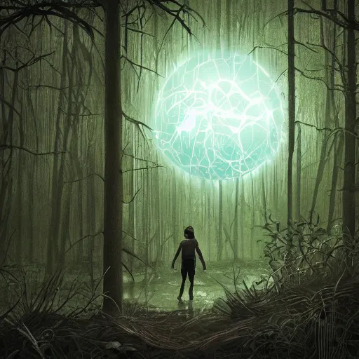 Prompt: a dirty lost person is following a floating blue softly glowing ball of light through the swampy forest, art by Alberto Rocha .