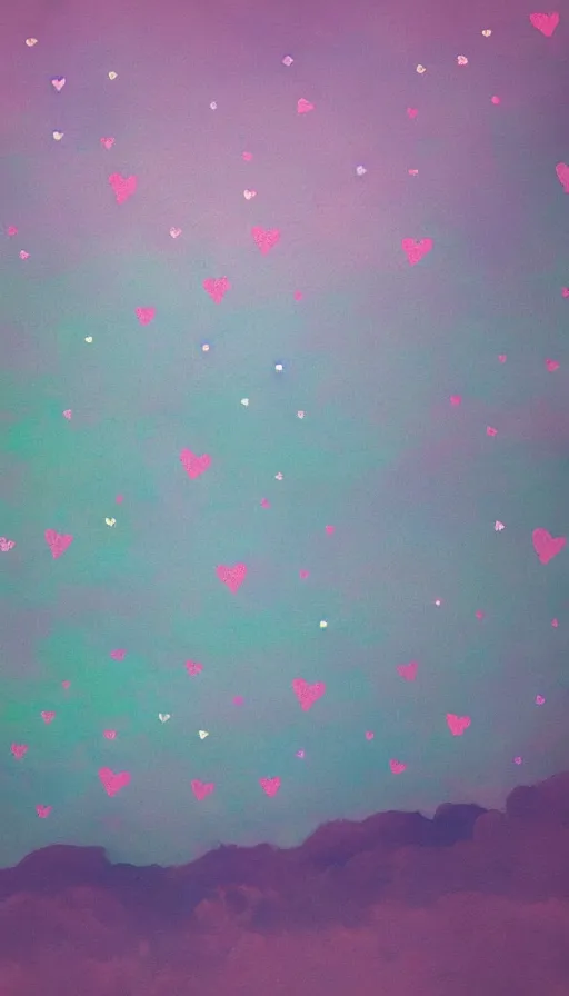 Prompt: cracked pink hearts on the starry night sky, landscape, trending on artstation, pink clouds, pink butterflies, green forest