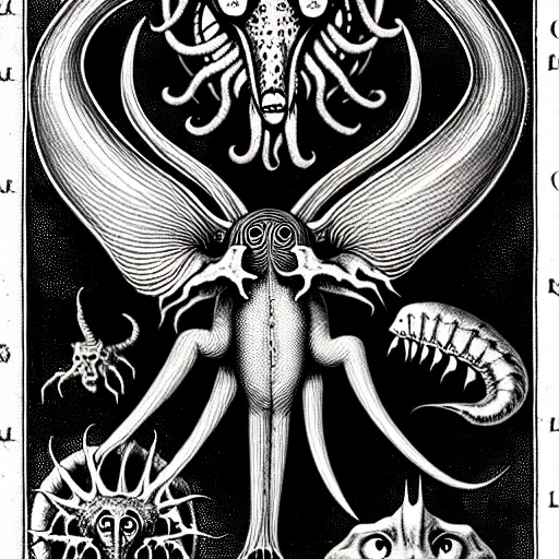 Image similar to bestiary of creatures from the depths of the unconscious psyche