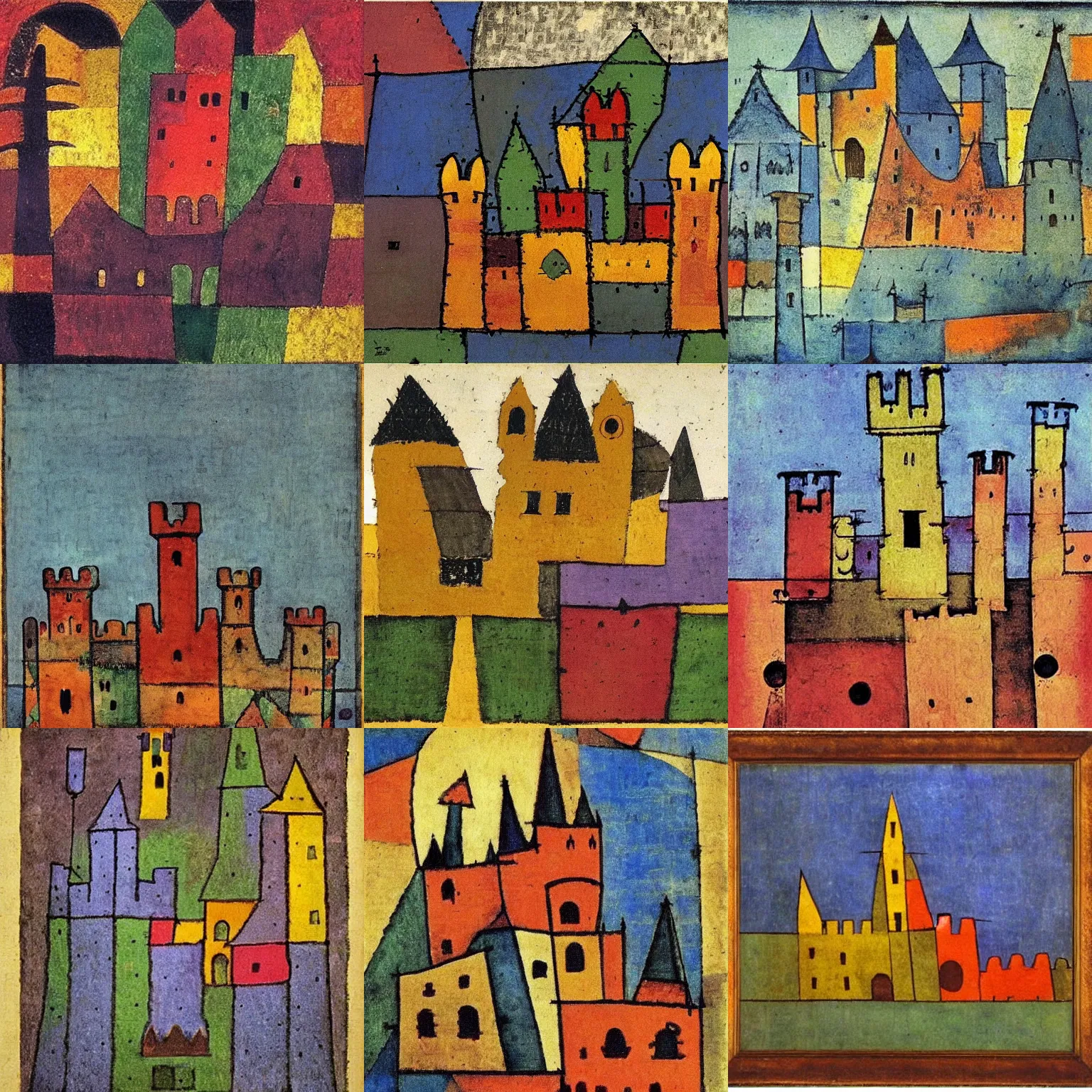 Prompt: medieval castle, by Paul Klee