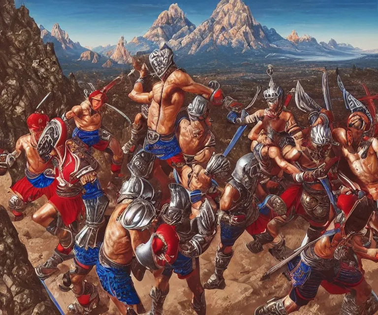 Image similar to wide angle shot from above of silver ornate armor slim muay thai handsome warriors in battle!!! mountains and giant gothic abbeys in the background, hyperrealism, fine detail, 8 k, high contrast color scheme, blue at the background red at the foreground!!!, dynamic perspective, oil canvas by mandy jurgens and michael whelan