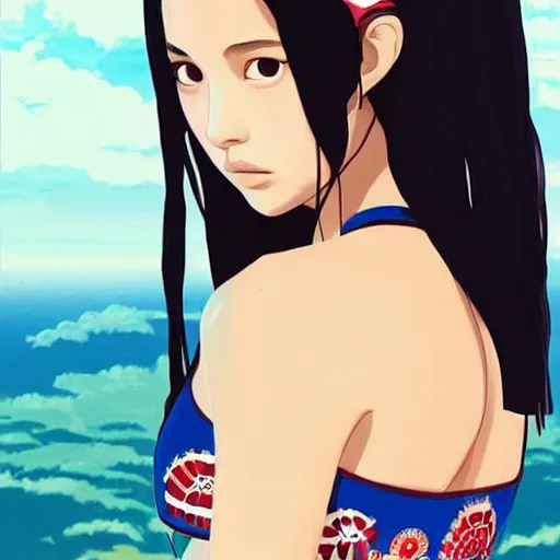 Image similar to a beautiful young japanese natalie portman alluring gravure model, stylized concept art, wearing elegant designer bomber jacket and one piece bikini, bomber jacket with mesoamerican patterns, mesoamerican native street fashion, princess mononoke, painted by ilya kuvshinov aesthetic, gorgeous, stunning, alluring, attractive, artstation, pinterest, digital art