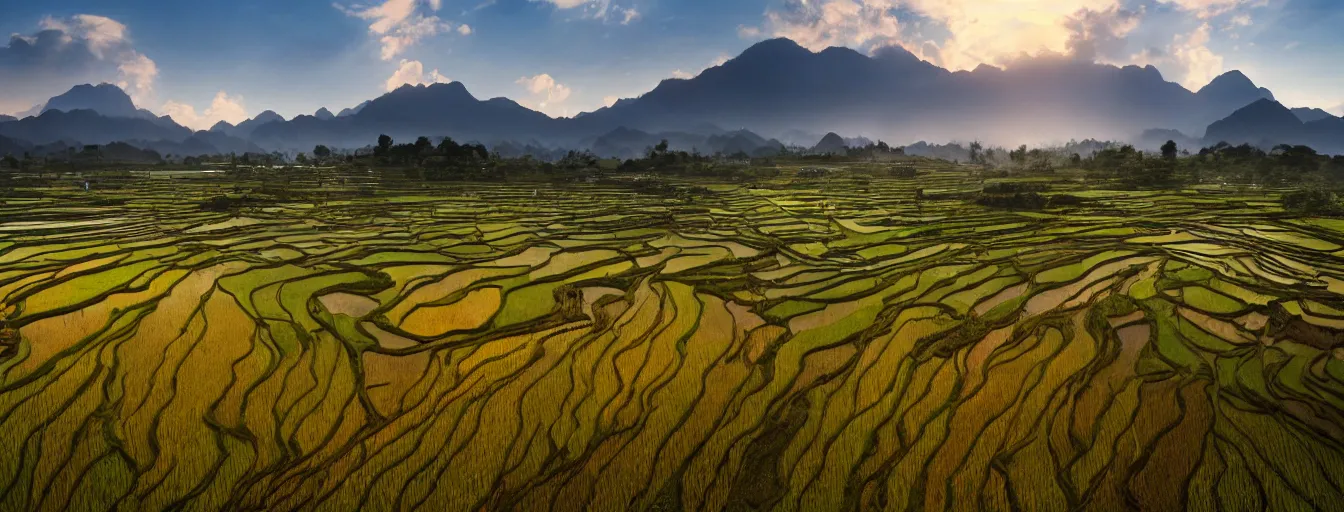 Image similar to Photo of paddy field of Yan, with several village and gunung jerai mountain at the background, wide angle, volumetric light, hyperdetailed, light water, artstation, cgsociety, 8k