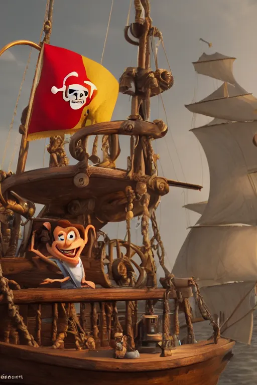 Image similar to a great pirate on his old pirate ship with a pirate flag. pixar disney 4 k 3 d render funny animation movie oscar winning trending on artstation and behance. ratatouille style.