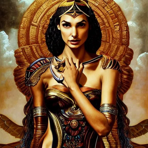 Prompt: Full body oil painting of the beautiful goddess Gal Gadot as Cleopatra, she is wearing a strophion and a surreal ornate, her hair is natural disheveled, she is approaching heaven over the clouds, naturalism, dramatic lighting, high-detailed oil painting by Ilya Repin, Michelangelo da Caravaggio, William Blake, Alex Grey and Beksinski, trending on Artsation, hystorical painting, naturalism, masterpiece, 4k, 8k,