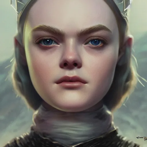 Prompt: front centered symmetrical portrait, Elle Fanning as a D&D paladin, dramatic lighting, cinematic, establishing shot, high detail, photo realistic, cinematic lighting, post processed, 8k, concept art, artstation, matte painting, in the style of eddie mendoza, raphael lacoste, alex ross