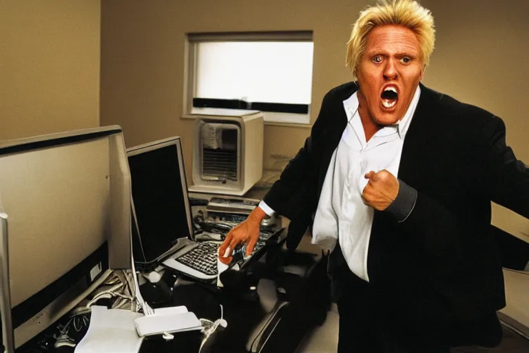 Image similar to gary busey screaming at a desktop computer in 1 9 9 9, ( sony a 7 r iv, symmetric balance, polarizing filter, photolab, lightroom, 4 k, dolby vision, photography awardm, voque, perfect face )