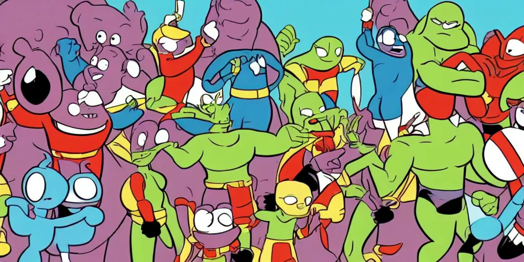 Image similar to the snorks in the avengers, animation, hanna barbera style