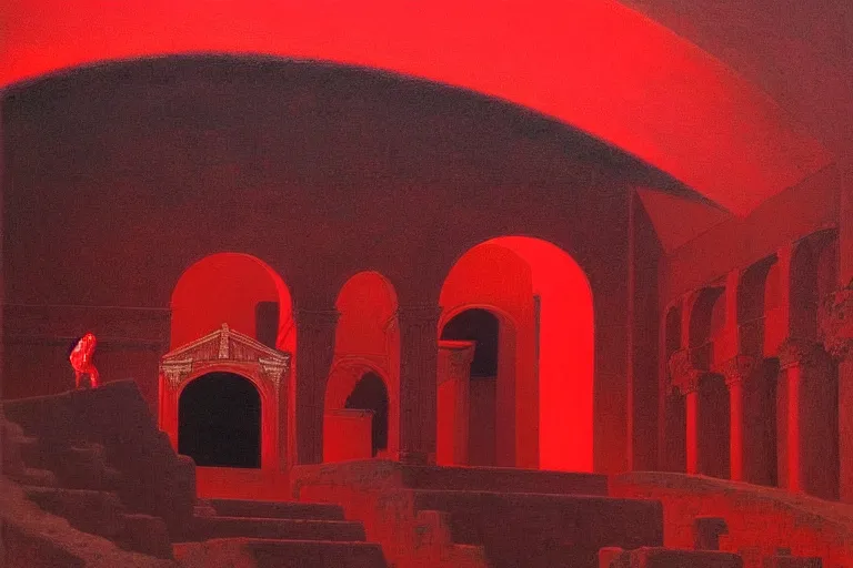 Image similar to only with red, a red melted emperor, taormina amphitheatre, crowd hails him, in the style of beksinski, parts by edward hopper, parts by rodcenko, parts by yue minjun, intricate and epic composition, red by caravaggio, insanely quality, highly detailed, masterpiece, red light, artstation, 4 k