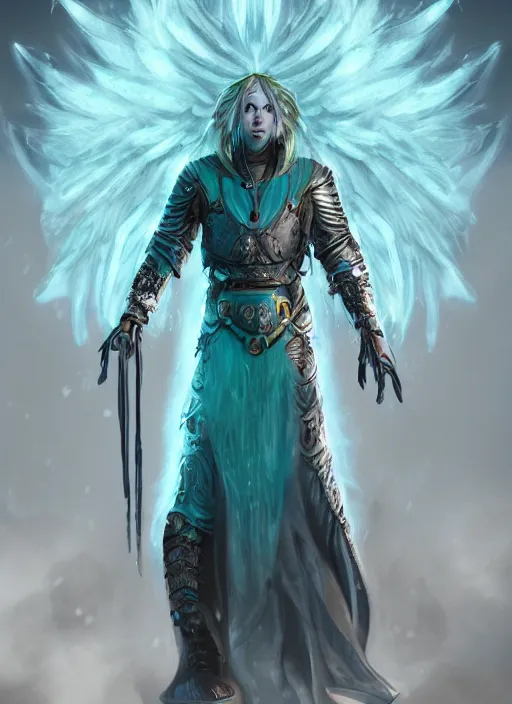 Prompt: An epic fantastic realism comic book style portrait painting of aasimar hexblade warlock, teal electricity, male, grand angel wings, silver hair, short beard, 4k, 8k, Apex Legends Concept Art, D&D Concept Art, unreal 5, DAZ, hyperrealistic, octane render, cosplay, RPG portrait, dynamic lighting