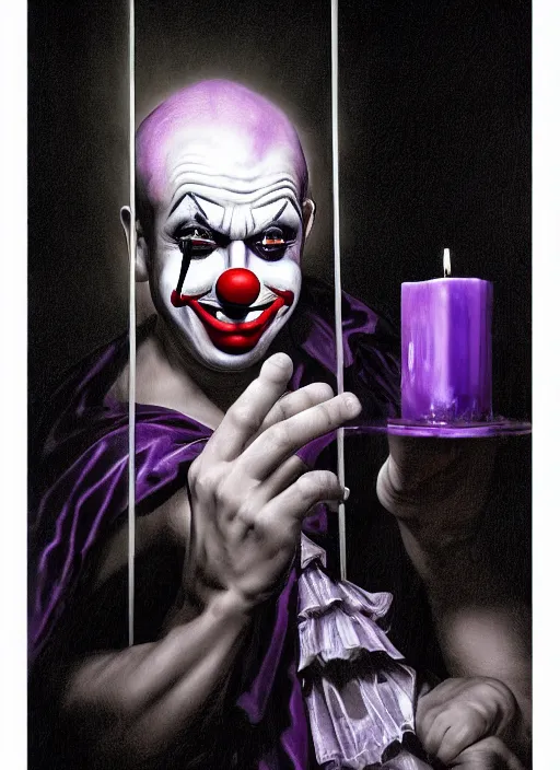 Image similar to a clown dressed in purple looking at himself in a broken shattered mirror. the clown is holding a candle. the mirror is cracked broken mirror shattered. dark moody natural lighting, by martin ansin