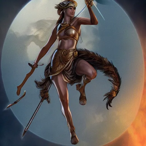 Image similar to Artemis, goddess of the hunt riding on top of a mythical crrature holding a spear. 4k, award winning, concept art, high quality