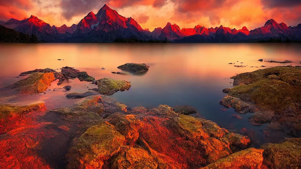 Image similar to amazing landscape photo of mountains with lake in sunset by marc adamus, beautiful dramatic lighting